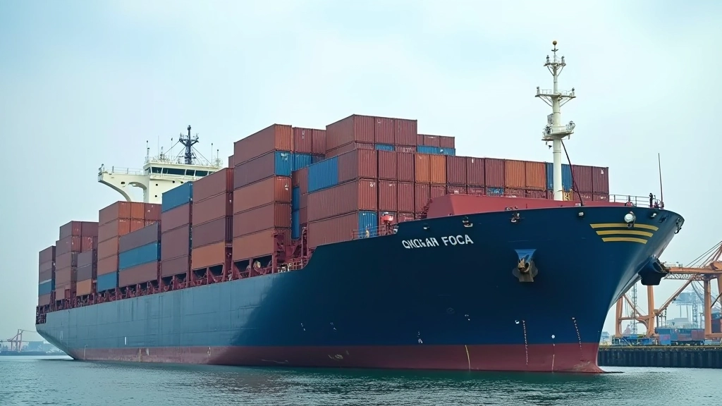 Container ship loaded with cargo at busy port terminal with multiple shipping containers stacked