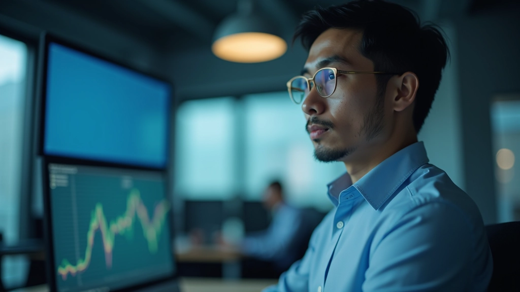 Financial analyst reviewing global capital flow data and investment patterns on large interactive display screens